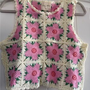 Evy Clothing Pink Floral Crochet Tank Top